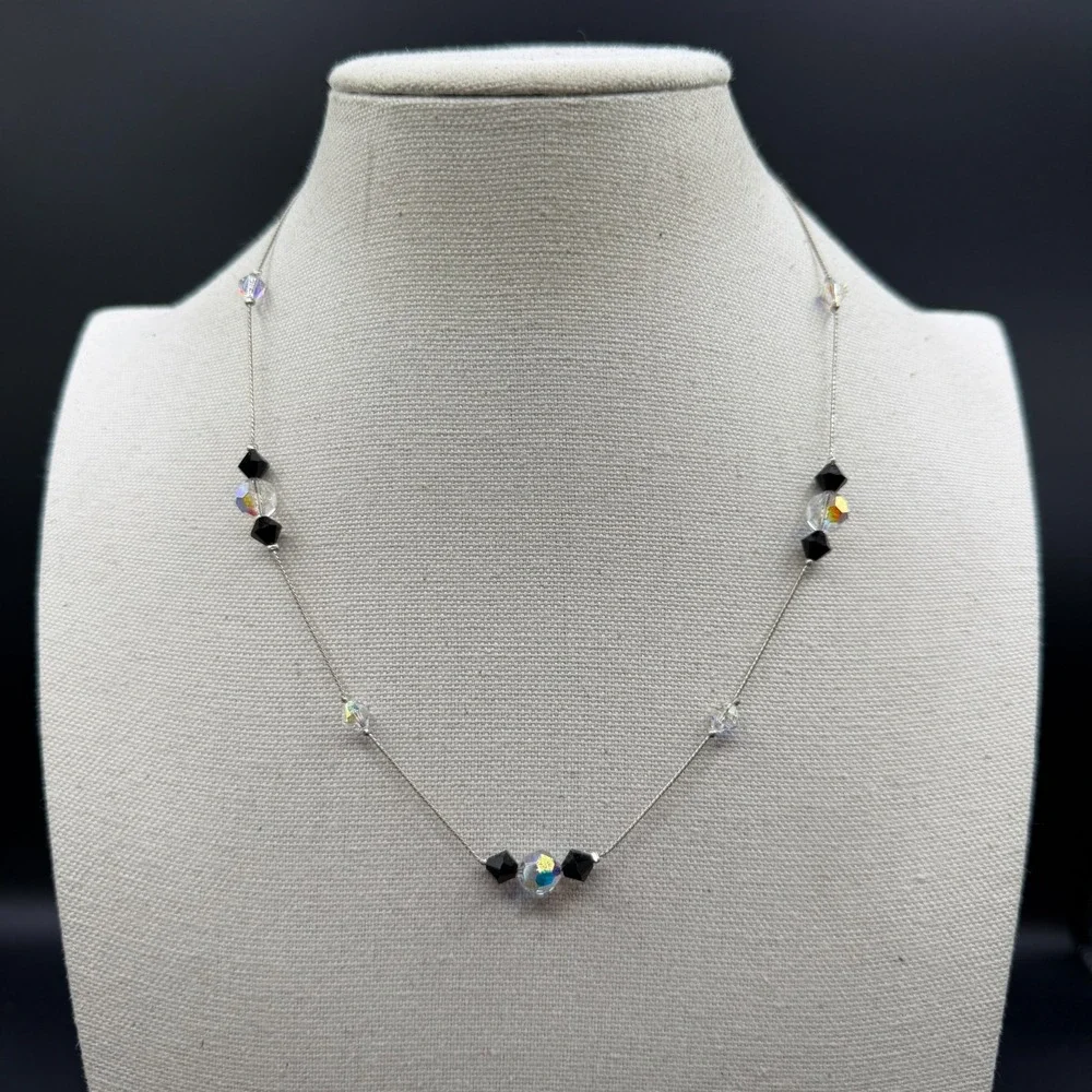 Black Clear AB Crystal Beaded Silver Tone Necklace Minimalist Y2K Sparkle Gift